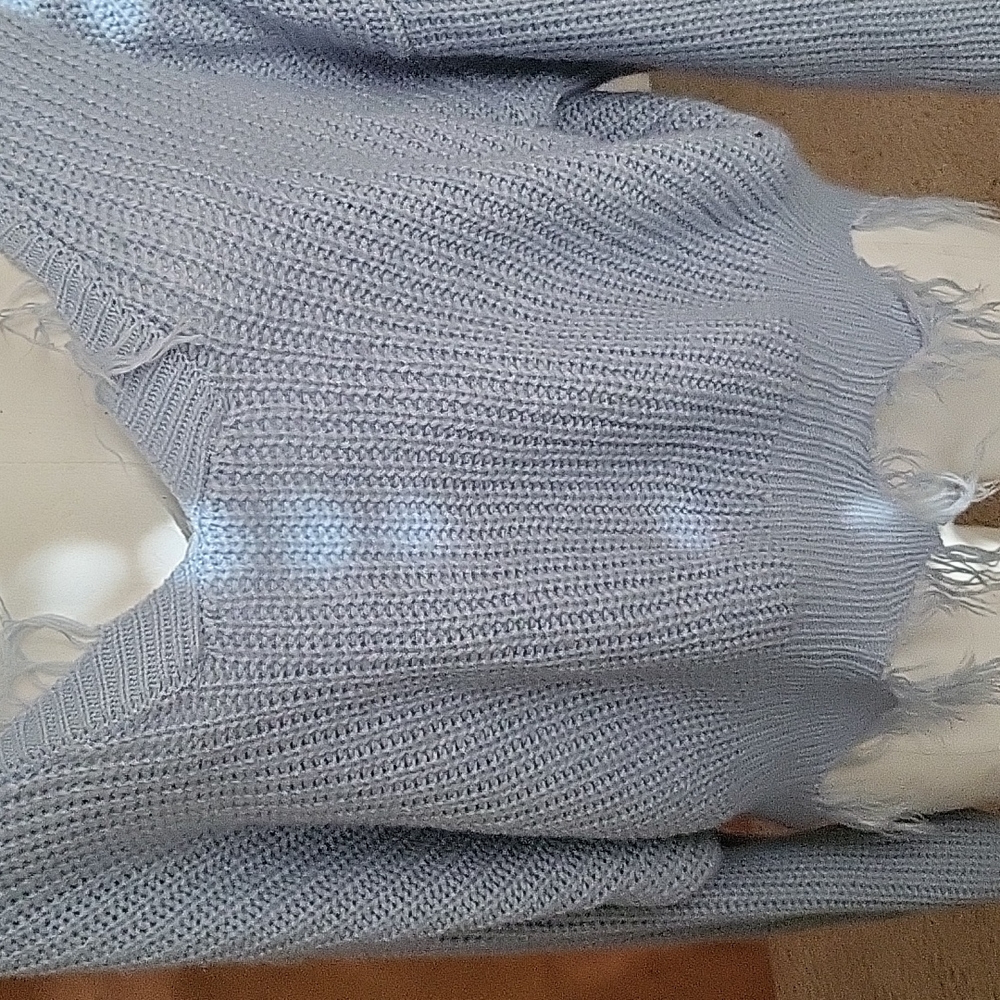 Off Shoulder Distressed Blue Pullover - image 4